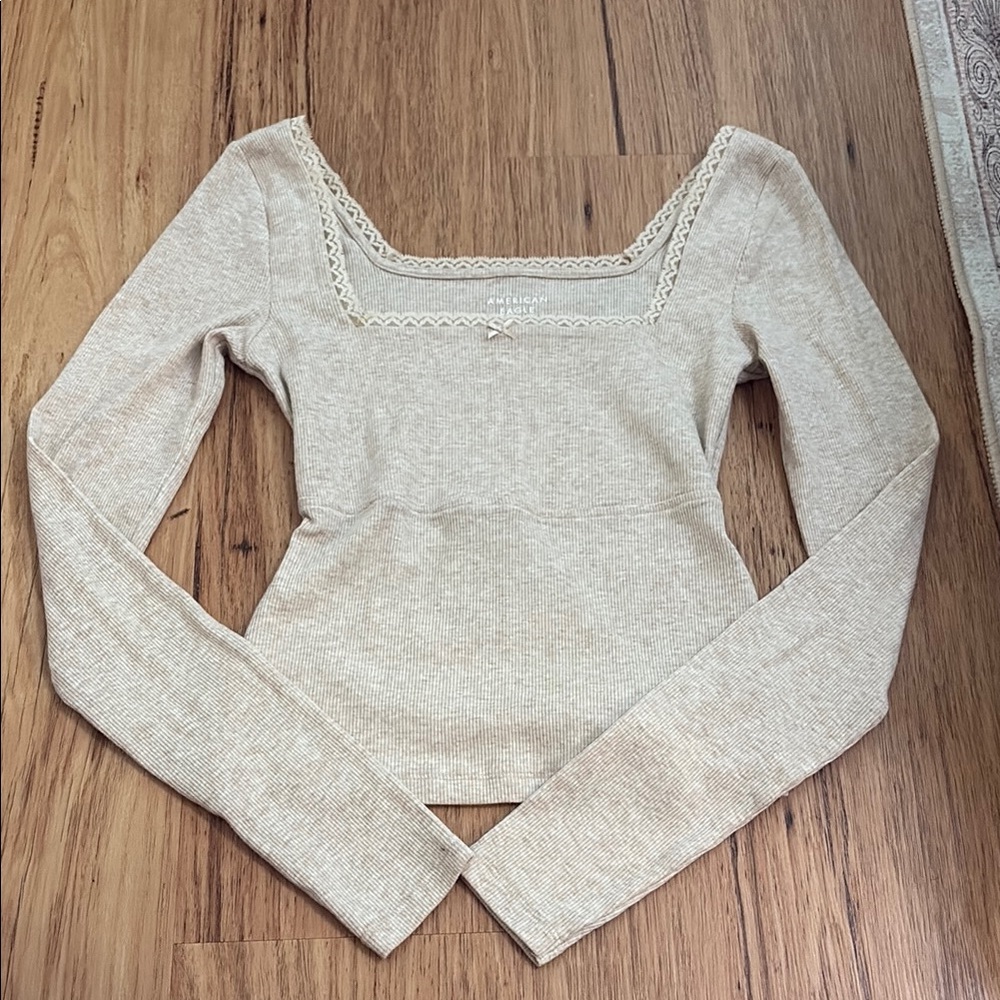 american eagle lace trim long sleeve size s beige